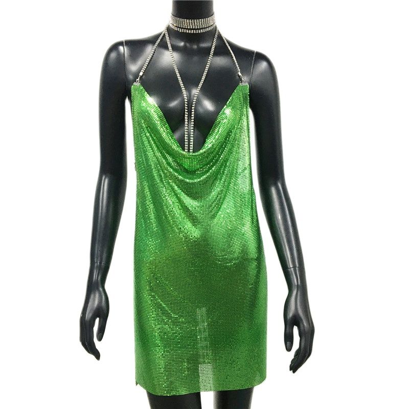 Aiertu Sexy Gold Sequined Patchwork Mini Dress Women Sleeveless Low Cut Metal Chains Halter Slim Charming Nightclub Party Dresses Aiertu