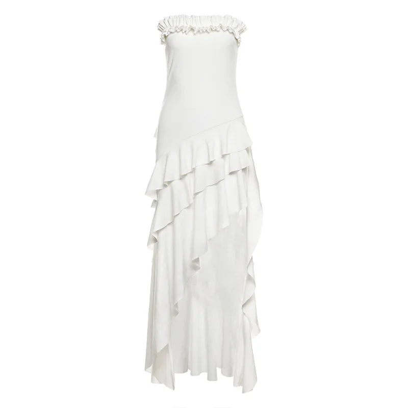 Aiertu  -  Strapless Ruffled Split Long Dresses Elegant Sexy White Asymmetrical Frilly Dresses for Woman Summer Clothes P94-DD49 Aiertu