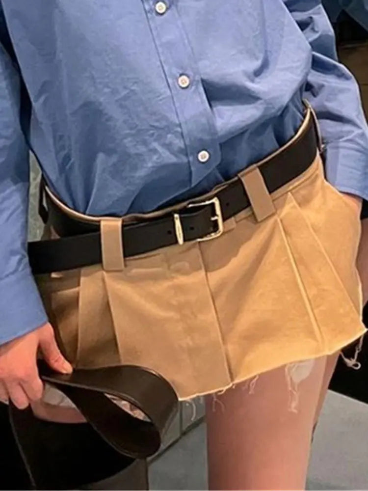 Aiertu  -  Khaki Mini Skirt Pleated Women Summer Low Waist Skirt Fashion Tassels Micro Short Skirt Female Bottoms Sexy Skirts Ladies Aiertu
