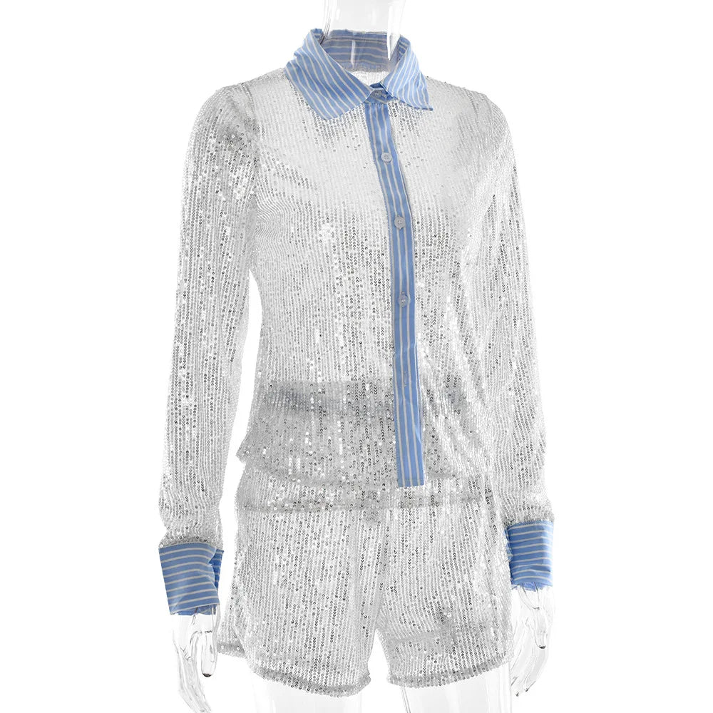Aiertu  -  Casual Sexy Sequins Shorts Two Pieces Set Woman Outfit Chic Long Sleeve Shirts+Shorts Suit Night Club Short Pants Streetwear Aiertu