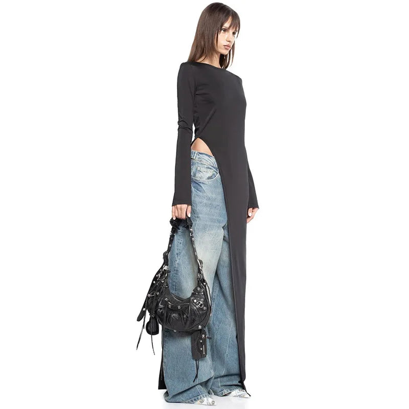 Aiertu  -   Asymmetrical Long Sleeve Black Dress Fashion Outfits Round Neck Chic Top Club Party High Rise Split Dresses Fall Aiertu