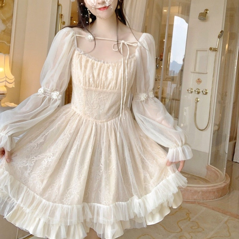 Aiertu  Lolita Kawaii Dress Women Casual Long Sleeve Vintage Y2k Mini Dress Female Japanese Style One Piece Dress Korean Autumn Aiertu