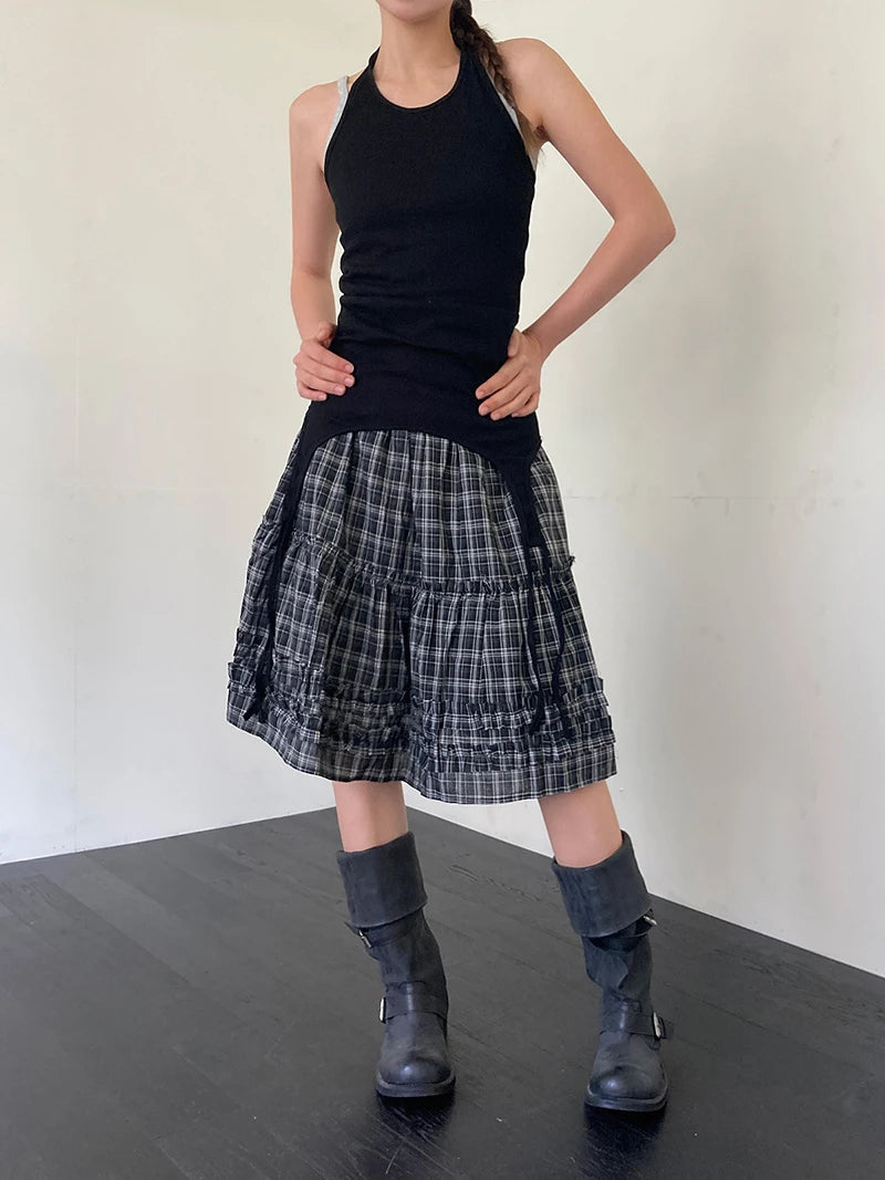 Aiertu  -  Vintage Plaid Mini Skirt Women Japanese Harajuku Ruffles Patchwork Black Skirts Summer High Waist Casual A Line Faldas New Aiertu