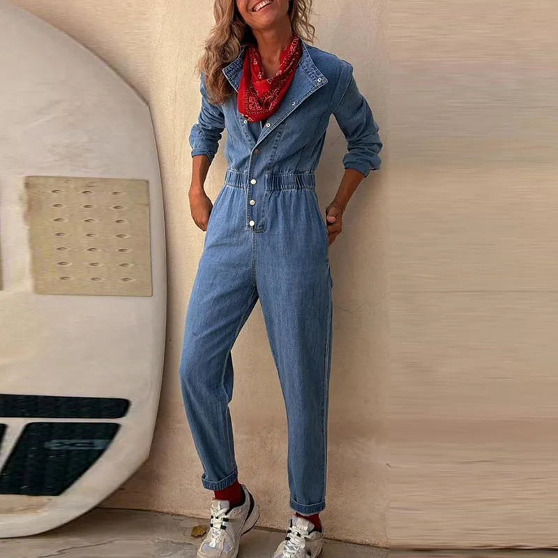 Aiertu  -  Women Slim Denim Jumpsuits Long Pants Rompers Springturn Down Collar Loose One Piece Full Sleeve Tight High Waist Overalls Aiertu
