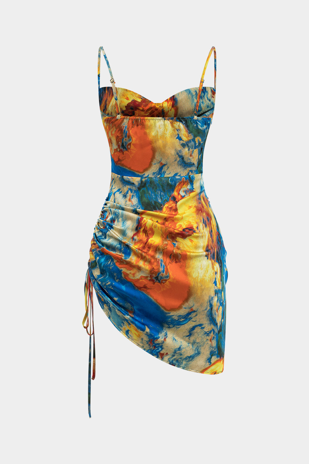 Aiertu  Watercolor Print Satin Ruched Drawstring Slip Mini Dress Aiertu