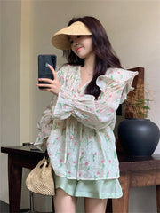 Aiertu  -  Autumn Chic Sweet Blouses Women Printed Full Sleeve New V-Neck Slim Loose Daily Elegant Office Lady Florals Aiertu