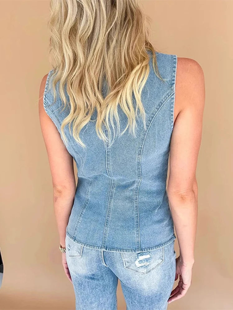 Aiertu  -  Fashion Denim Tank Women High Street O-neck Sleeveless Single Breasted Slim Female Tanks 2025 Spring Chic Casual Solid Lady Vest Aiertu