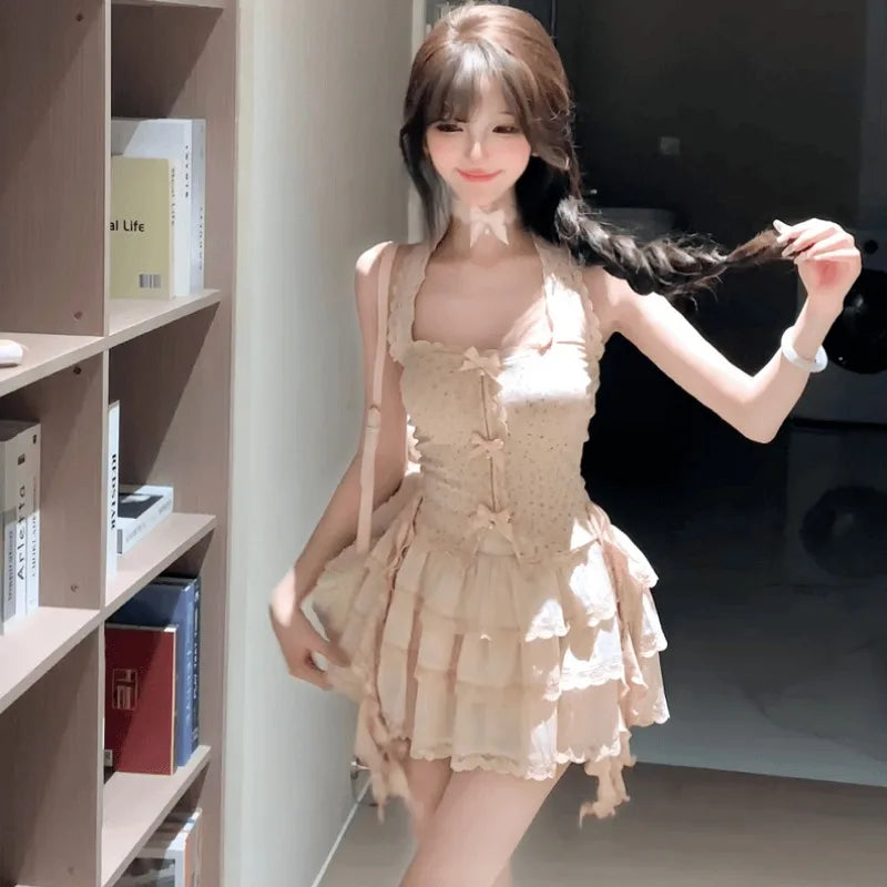 Aiertu  -  Sweet Hot Girl Pure Sexy Suit Women's Summer Halter Neck Top High Waist A-line Skirt Two-piece Set Fashion Female Clothes Aiertu