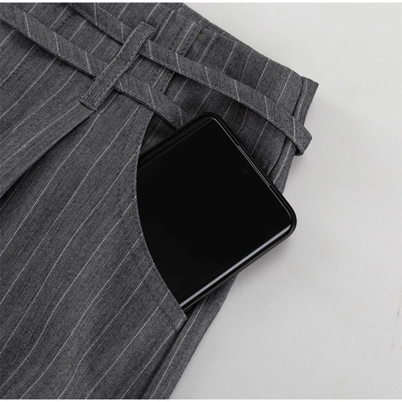 Aiertu  -  Commute Striped Pants Women High Waist Wide Leg Floor-length With Belt Pants Female 2025 Spring Summer Chic Street Lady Trousers Aiertu
