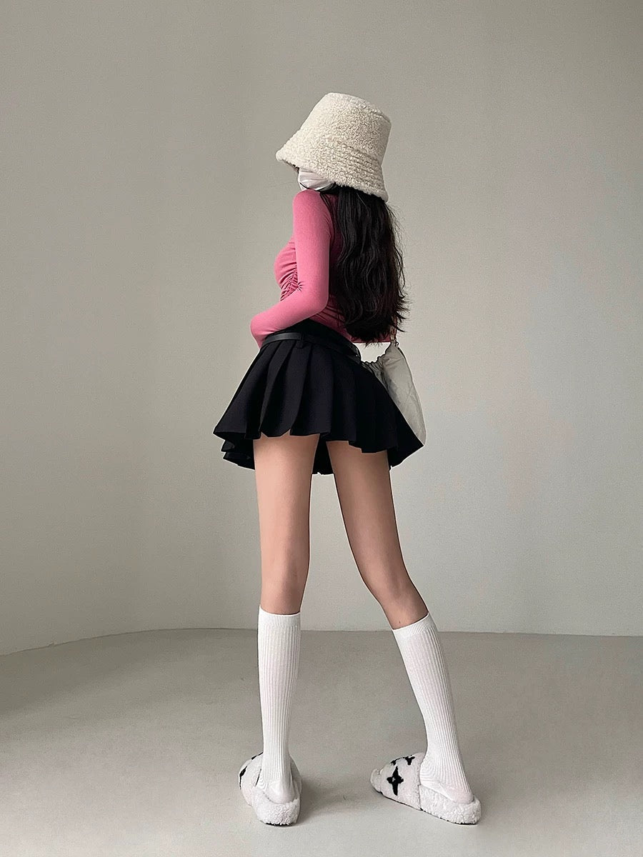 Aiertu Solid Color Double Mini Belt Pleated Mini Skirt Aiertu