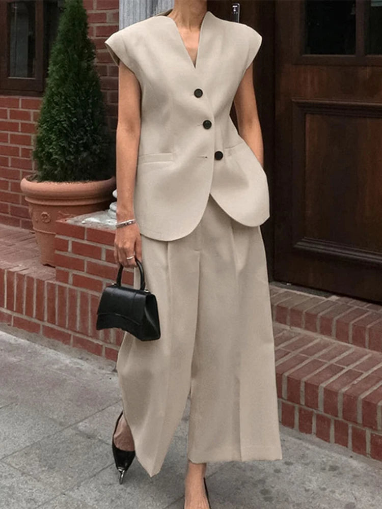 Aiertu  -  Commute Blazer Suit Women V-neck Sleeveless Single Breasted Tank High Waist Wide Leg Pant Female Set 2025 Early Spring Lady Sets Aiertu