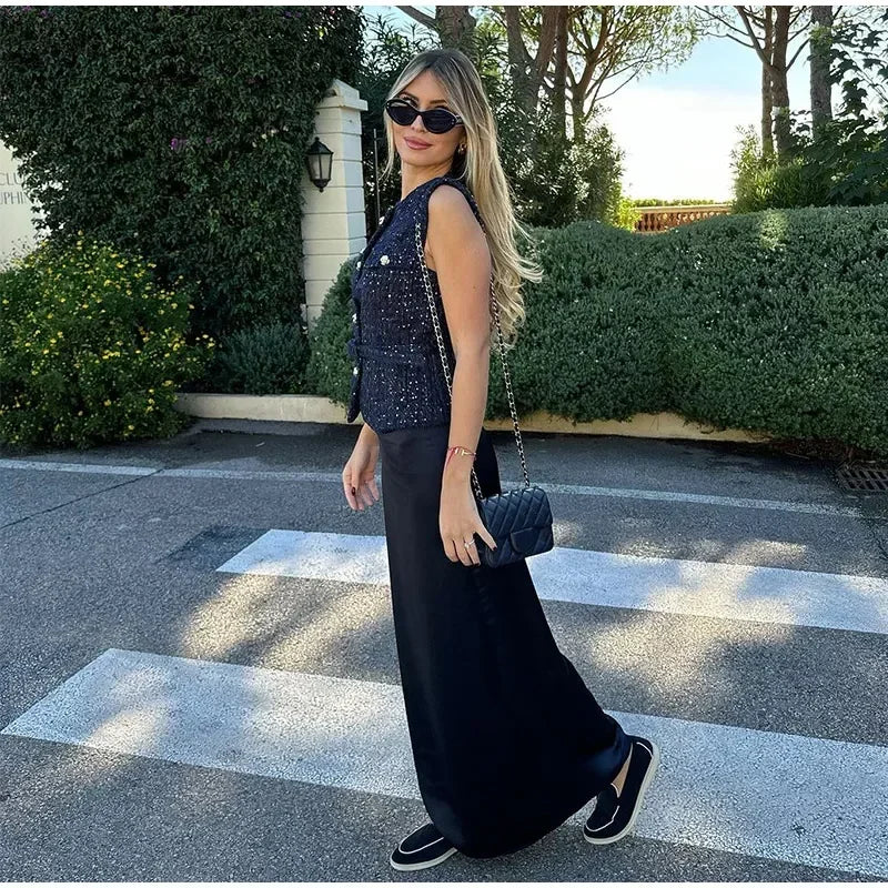 Aiertu  -  Elegant Solid Tweed Sequin Women Vests Sleeveless O-Neck Female Tank Fashion Slim Autumn Single Breasted Lady Waistcoat Aiertu