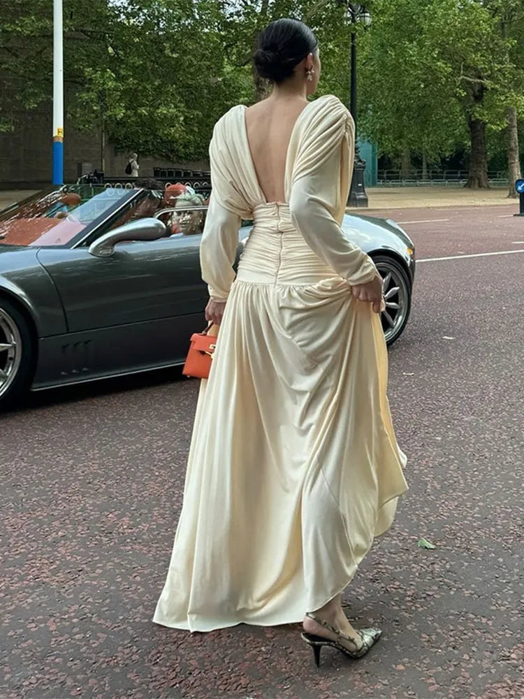 Aiertu  -  New Elegant V-neck Cross Draped Pleated Maxi Dress Women Chic Backless Long Sleeve Party Robes Female Fashion Evening Gowns Aiertu