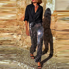 Aiertu  -  Casual High Street Party Trousers Fashion Shiny Sequins Slim Fit Straight Long Pants Women Elegant Elastic Waist Wide Leg Pants Aiertu