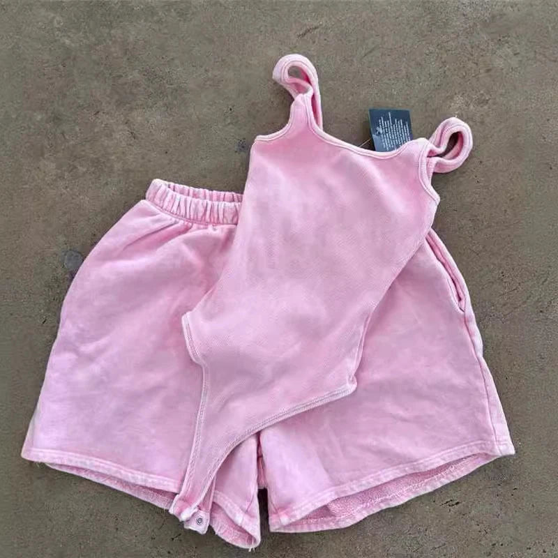 Aiertu  -  Women's Fashion Jumpsuit Set Leisure Solid Color Holiday Home Sexy Sleeveless Camisole Rompers+Shorts Tracksuit Y2k Outfits Aiertu