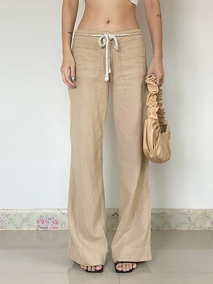 Aiertu  -Vintage Drawstring Tie Low-Waist Straight-Leg Pants aiertu