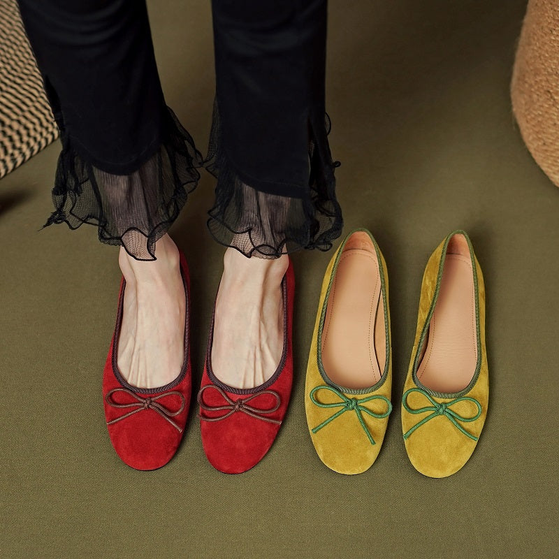 Aiertu  Round Toe Ballet Flats Elegant Bowtie Low Heel Walk Shoes Korea Style Soft Sheepsuede Driving FlatsBasic Daily Flat Shoes Woman Aiertu