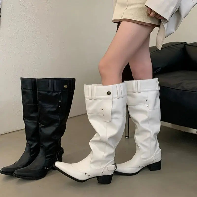 Aiertu    -  Black Boot Knee High Long Shoes Woman Pointed Toe Chunky Heels White Winter Boots Fashion Belt Buckle Rivet Wide-Leg Ladies Shoe Aiertu