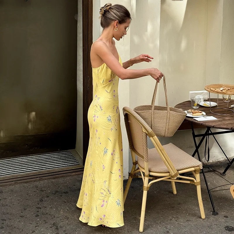 Aiertu  -  Low Cut Spaghetti Strap Sleeveless Floral Print Backless Slim Fit Maxi Dress Summer Trendsetter Streetwear Vestidos Aiertu