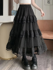 Aiertu  -   party look snspos White Black Mid Long Skirt Women Crochet Lace Skirt Goth Lolita Summer High Waist High Low Ruched Ruffle Pleated Skirts rok Aiertu