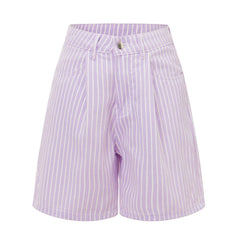 Aiertu  -  Women's Summer Casual Denim Shorts Knee Length Wide Leg Loose Striped Print Shorts for Daily Wear Aiertu