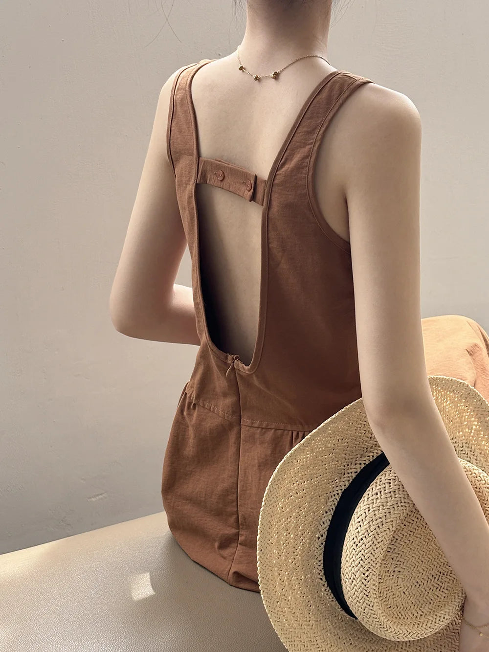 Aiertu  -  Fashion Sleeveless Long Dress Cotton Blend Solid Color Casual Summer New Dress A-line Backless Vacation Beach Dresses For Women Aiertu