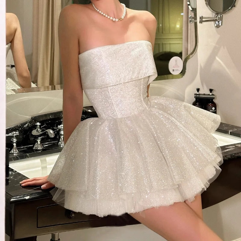 Aiertu  -  Shiny Party Tube Top Dress Ladies Sexy Backless Bandage Off Shoulder Mini Dresses Women's Elegant Evening Dress Female Aiertu