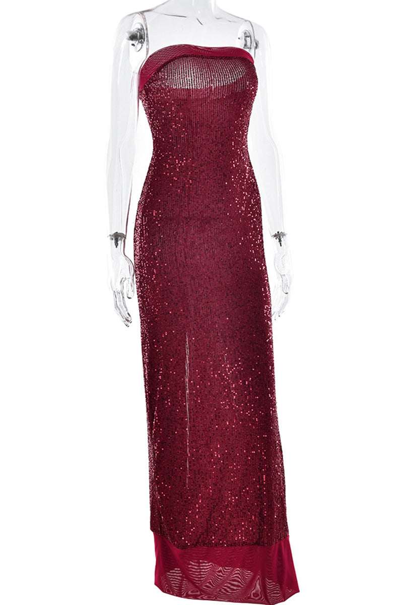 Aiertu  -  Sexy Sequins Slit Sequined Strapless Long Dresses(3 Colors) Aiertu