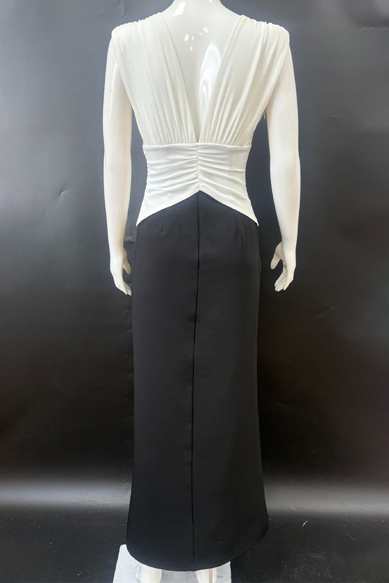 Aiertu  -  Sexy Backless Ruched Contrast V Neck Long Dresses Aiertu