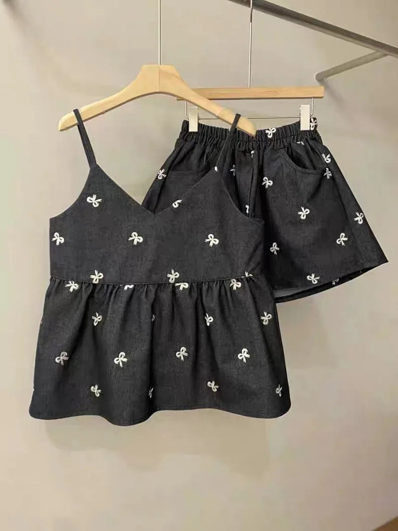 Aiertu  -  Sweet Hot Girl Denim Suit Women's Summer Embroidered Bow Strap Vest High Waist Shorts Two-piece Set Fashion Female Clothes Aiertu