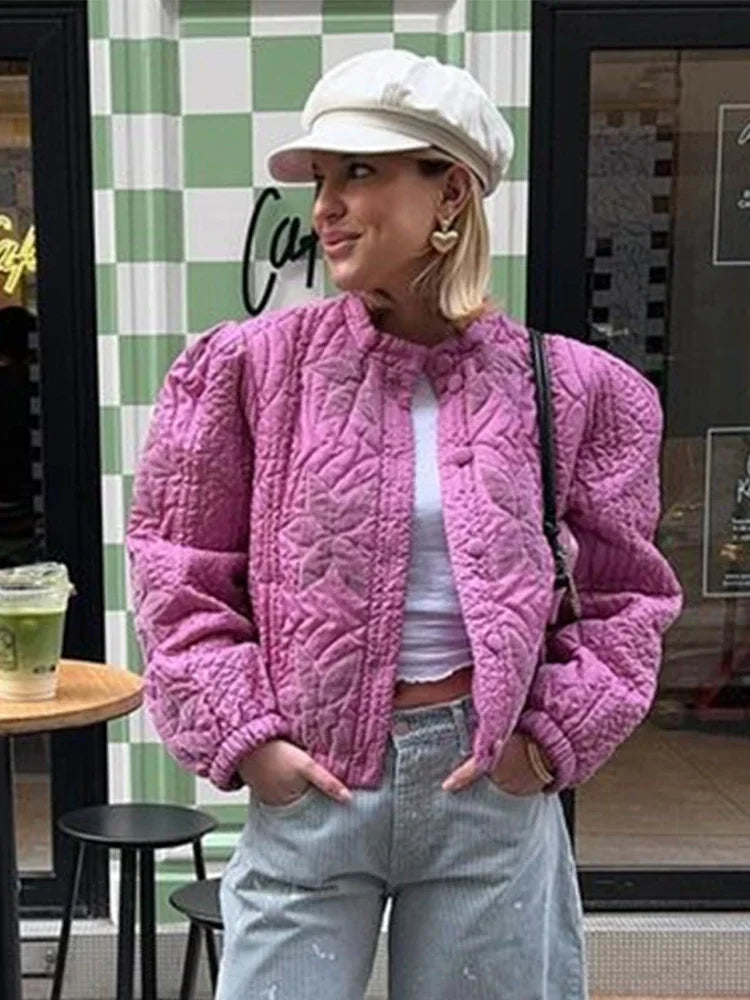 Aiertu  -  casual winter outfits Casual Solid Printed Padded Women Jacket O-neck Full Sleeves Lady Coat 2024 Fashion Autumn Covered Button Female Loose Outwear Aiertu
