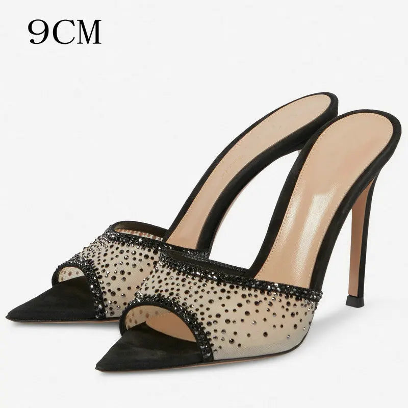 Aiertu  -  European Style Fashion Stiletto Rhinester High-heeled Slippers Pointed Open-toed Slip-on Slides Aiertu