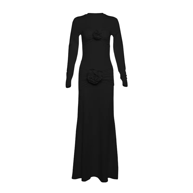 Aiertu  -  Sexy Slim Ruched Flower Maxi Dress For Women  Long Sleeve Solid Party Streetwear Outfits Elegant High Elasticity Dresses Aiertu