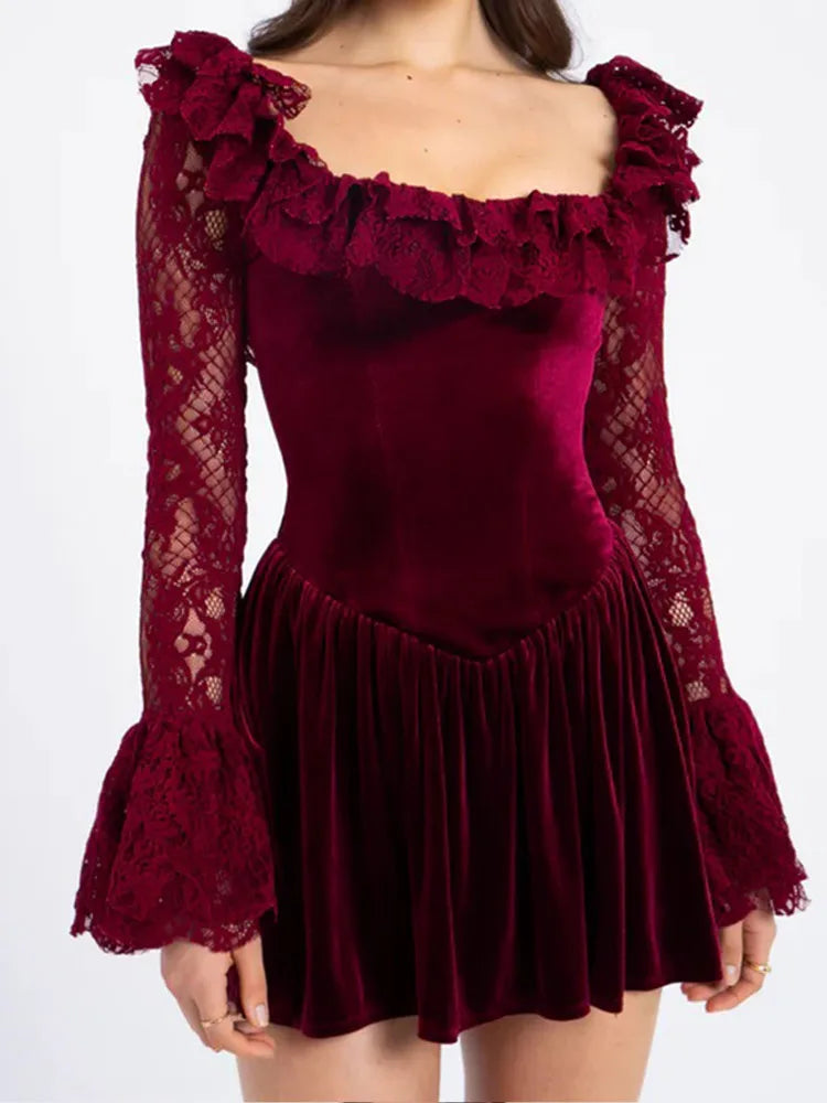 Aiertu  -  Chic Burgundy Lace Hollow Out Flared Sleeves Dress Fashion Women's Square Collar Backless Patchwork Dresses Lady Party Gown Aiertu