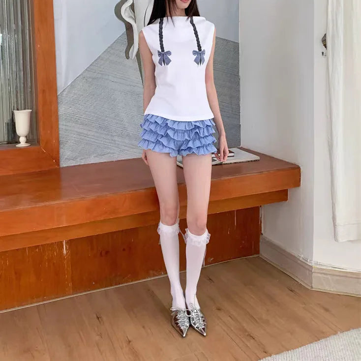 Aiertu  -  Y2K sweet trouser skirt sweet cool American low waist multi-layer wavy lace plaid cake shorts new Aiertu