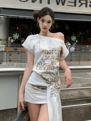 Aiertu  -  Summer Sexy Harajuku Off The Shoulder Mid-length T Shirts American Subcultural Print Slim Dresses Y2k Spliced Lace Up Girl Dress Aiertu