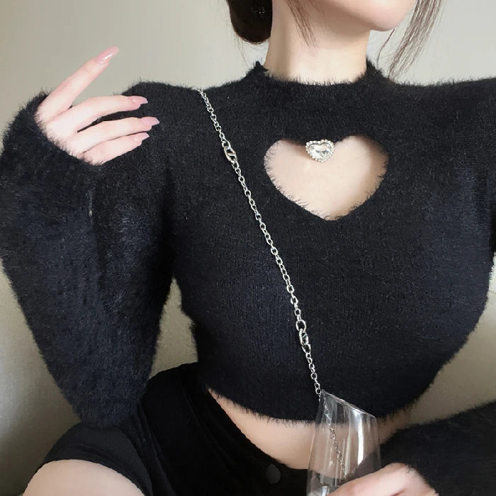 Aiertu 2025 spring fashion trend Autumn Winter New Sweater Women's O Neck Diamond-Studded Hollow Love Long Sleeve Slim Short Crop Top Aiertu