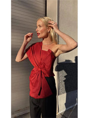 Aiertu  -  Bow Red Chic Top Women Fashion Skew-collar Irregular Casual Bandage Female Tops 2023 Party One-shoulder Shirt Aiertu
