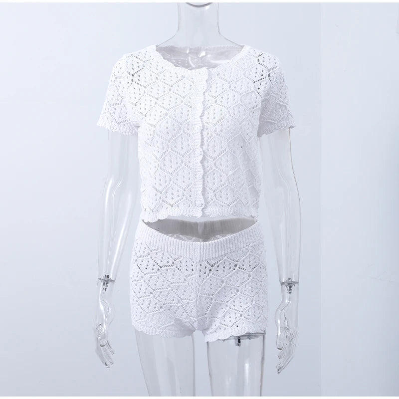 Aiertu  -  Sexy Knit Beach Outfits Women Slim O Neck Short Sleeves Hollow Out Top Sets Female 2026 Spring Summer New Holiday Set 2 Pieces Aiertu
