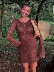 Aiertu  -  Off Shoulder Shinny Women Dresses Full Sleeve O Neck Lady Short Dress 2025 Fashion Glitter Spring Summer Beach Party Female Robe Aiertu