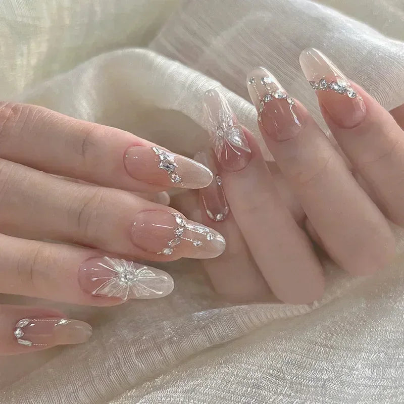 Aiertu 24Pcs Pink Almond French Press on Nails With 3D Bow ripple charms Design Fake Nails Ballerina False Nails Full Cover Nail Tips Aiertu