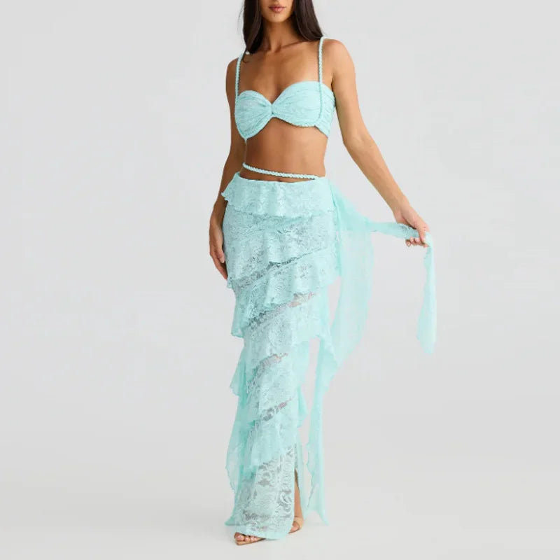 Aiertu  -  Hollow Out Knitted Twist Tank Skirt Set Women Backless Strap Corset Stacked Ruffled Skirts Suit 2025 Summer Beach Lady Outfits Aiertu