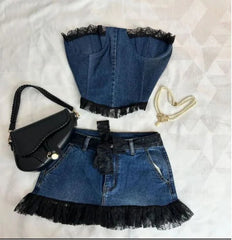 Aiertu  -  Korean Gothic Sexy Hottie Denim Skirt Suit for Women Harajuku Y2k Style High Street Retro Design Cute Mini Skirt Punk Slim Top Aiertu