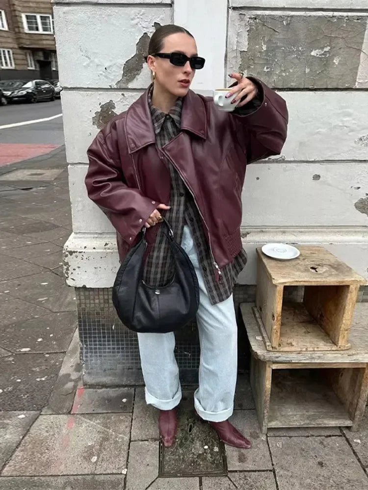 Aiertu  -  Women's Pu Leather Jacket Chery Red Lapel Long Sleeved Zipper Motorcycle Cropped Coat 2026 Autumn New Lady Street Outwears Aiertu