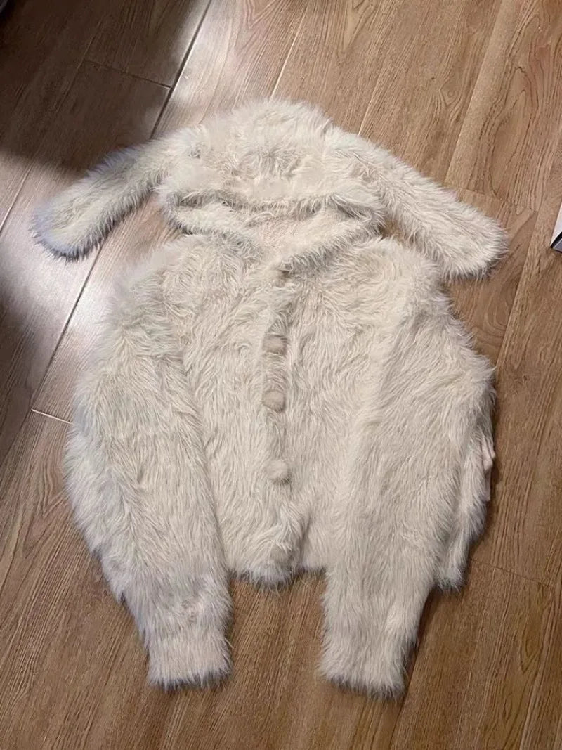 Aiertu  -  Y2K Fashion Niche Plush Rabbit Ears Knitted Hoodie Women Winter New Korean Street Plush Warm Slim Sweet Casual Hoodie Aiertu