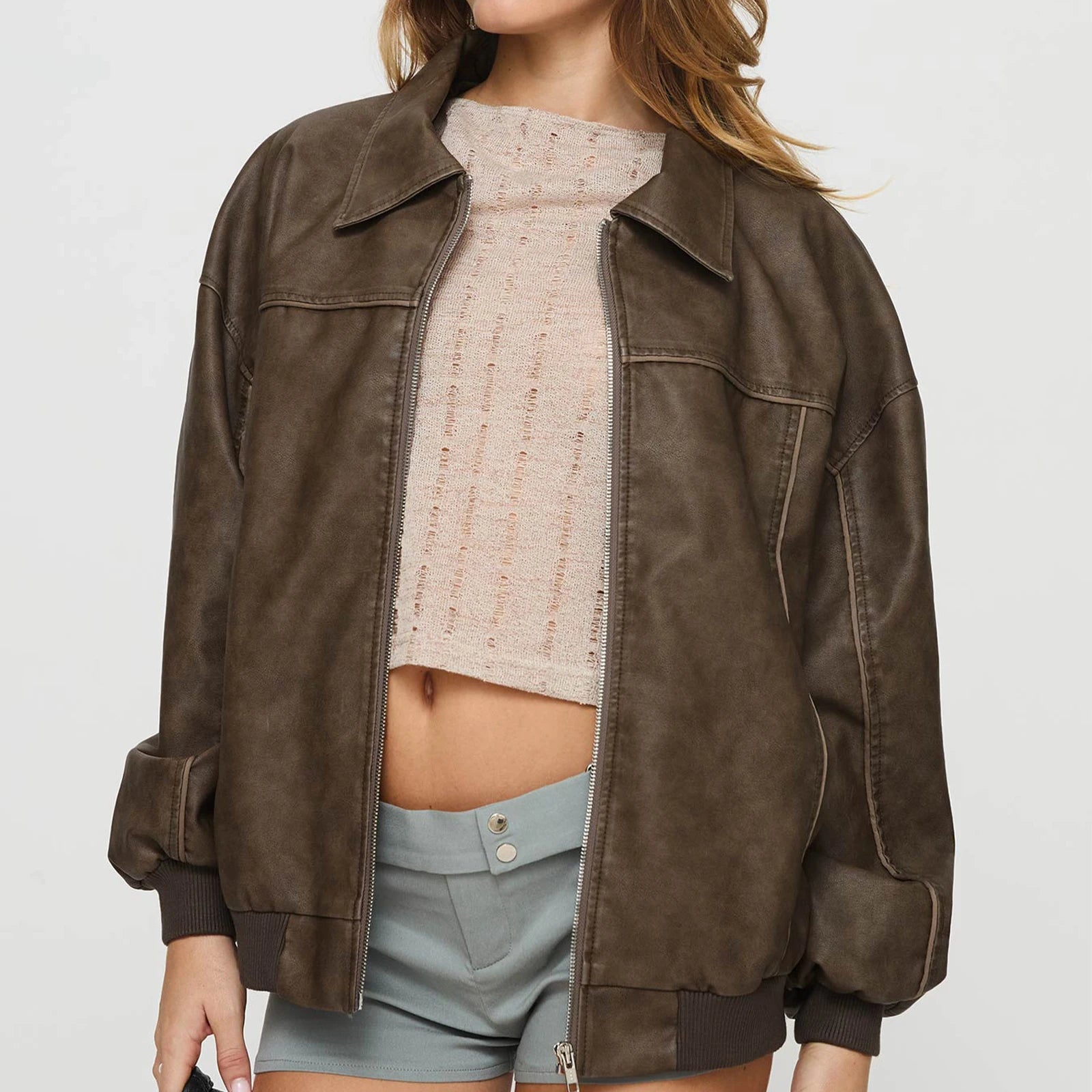 Aiertu  -  Women Y2k Oversized Faux Leather Jackets Lapel Collar Zip Up Motorcycle Coats Fall Fashion Leather Bomber Jacket Aiertu