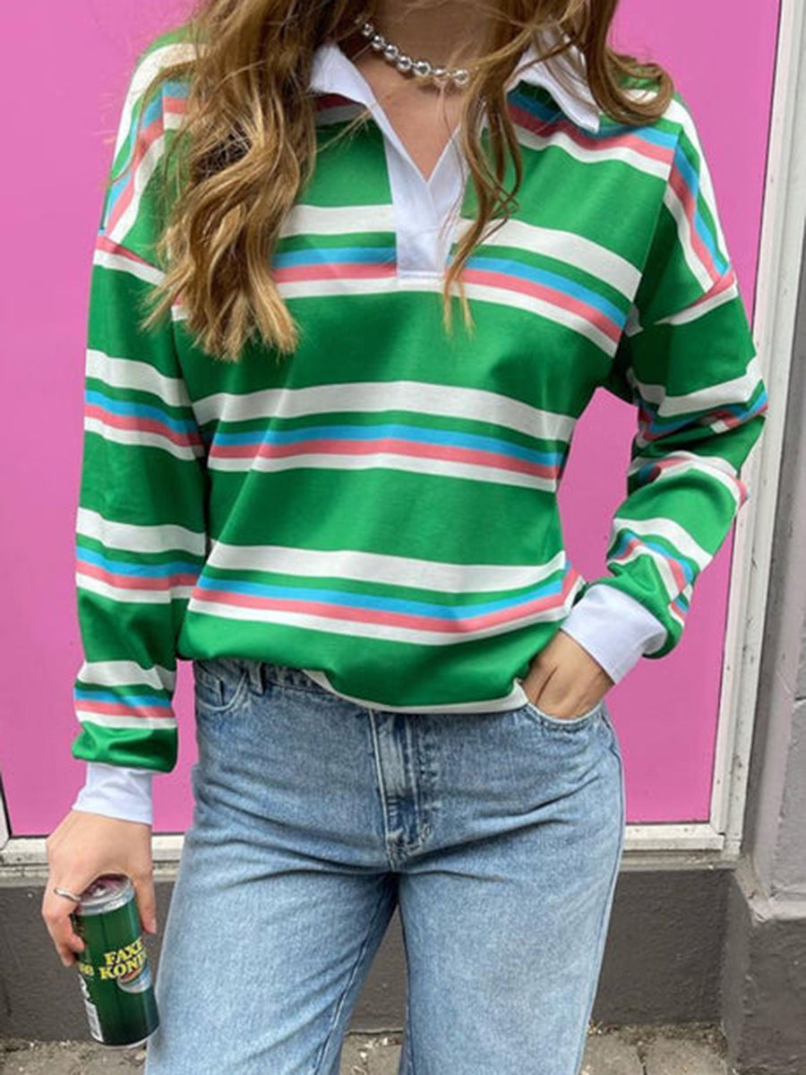 Aiertu  -  Women Baggy Striped Long Sleeve Tee Top Lapel Collared Shirt Y2k Loose Color Block Casual Loose Pullover Fall Streetwear Aiertu