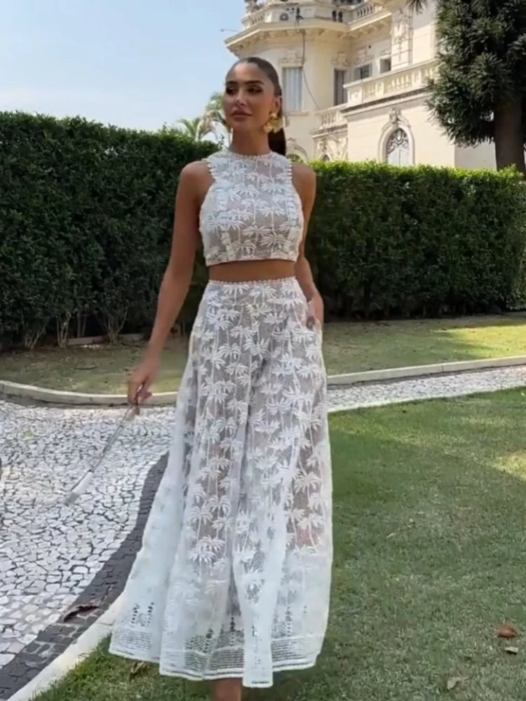 Aiertu  -  Embroidery Hook Flower Hollow White Dresses Sets Women Elegant Sleeveless Tops Skirts Two Piece Sets Female Holiday Party Dress Aiertu