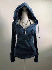 Aiertu  -  Y2K Retro Gothic Print Pattern Blue Lamb Wool Hoodie Autumn winter Hot Girl Slim Warm Harajuku Millennium Street Casual Hoodie Aiertu