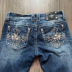 Aiertu  -  Y2K American Harajuku Heavy Industries Washed Blue Embroidered Pattern Women'sJeans Autumn Street Trend Slim Casual Flared Pants Aiertu